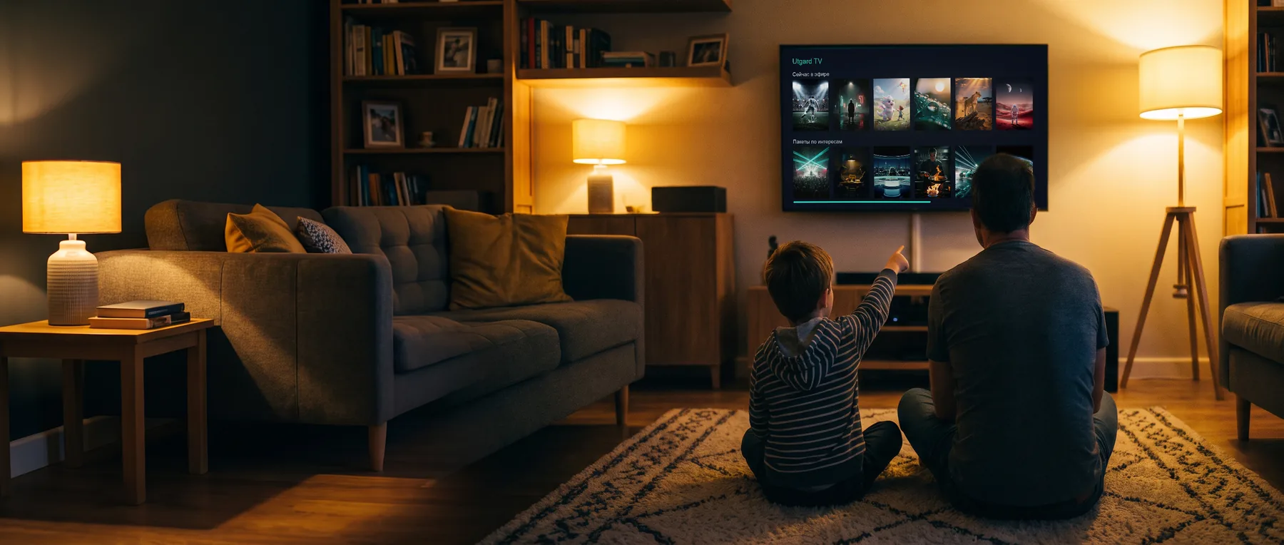 A father and son in front of a TV showing the Utgard TV interface